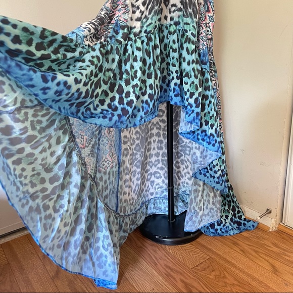 True Colours La Moda Blue Cat Hi Low Frill Maxi Cover Up Dress - Picture 7 of 11